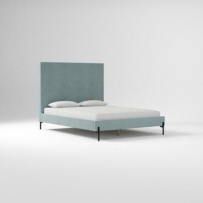 Emmett Bed Frame W/ Headboard Tall No Tufting, Performance Modern Chenille Glacier, Dark Pewter Tapered Round Leg, Queen
