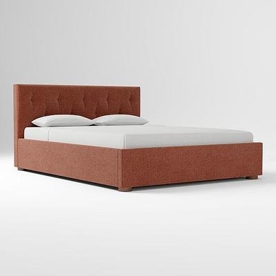 Emmett Low Profile Bed Frame W/ Headboard Diamond Tufting, Distressed Velvet Brick New, Round Low Profile Wood Leg Cool Walnut, King