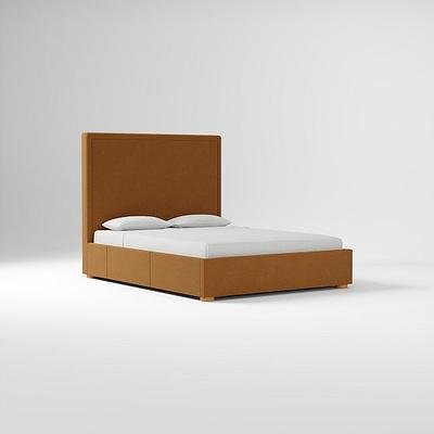 Emmett Side Storage Bed Pack W/ Headboard Tall Border Tufting, Performance Velvet Golden Oak, Round Low Profile Wood Leg Almond, Twin